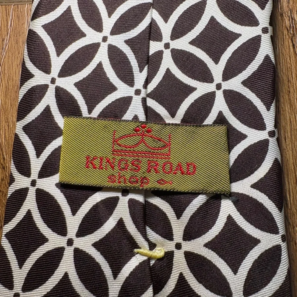 VTG Sears Kings Road Shop Mens 100% Silk Tie Brown Geometric AOP‎ Luxury retro